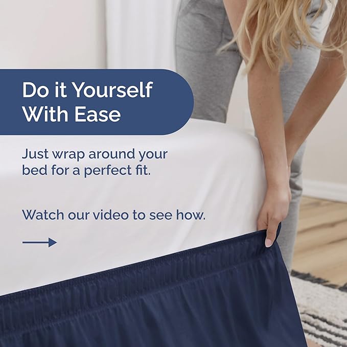 Wrap Around Dust Ruffle Bed Skirt - Navy Blue - Twin/Twin XL Size Beds with 18 Inch Drop - Elastic Strap - Adjustable Pleated Bedskirt with Brushed Fabric and Wrinkle Free - Women, Men, Kids & Teens