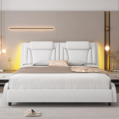 Keyluv Modern Upholstered King Bed Frame with Adjustable LED Headboard, Wave-Like Curve Design, Solid Wooden Slats Support, No Box Spring Needed, Noise Free, White