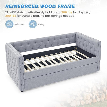 Antetek Daybed with Trundle, Upgraded Linen Upholstered Twin Size Day Bed Button-Tufted Sofa Daybed Frame with A Trundle,No Box Spring Needed,Furniture for Bedroom Living Room (Light Grey, Twin)