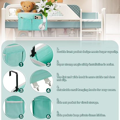 Bedside Storage Organizer 5 Pockets with 4 Hooks Hanging Storage Bag for Headboards/Bunk Bed (Light Green)