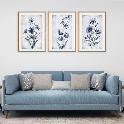 LHIUEM Navy Blue and Grey Flower Framed Canvas Wall Art Set,Modern Botanical Plant Wall Decor,Neutral Wildflower Painting,Watercolor Aesthetic Floral Artwork for Living Room,Bedroom,Office-16''x24''x3