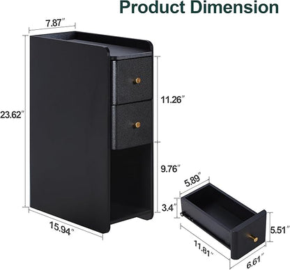 Narrow End Table Bedroom, Wooden Small 2 Drawer Nightstand, Thin Couch Side End Table, Skinny Bedside Table Small Spaces, Mid Century Modern Night Stand with Drawers (Black-1 pc)