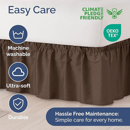 Wrap Around Dust Ruffle Bed Skirt - Brown - for Queen Size Beds with 12 Inch Drop - Easy Fit Elastic Strap - Adjustable Pleated Bedskirt w/Brushed Fabric - Wrinkle Free - for Women, Men, Kids & Teens