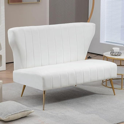 50’’ Armless Loveseat Sofa, Comfy Upholstered Velet Small Couch Sofa with Gold Legs, 2 Seater Tufted Modern Couch for Living Room, Bedroom, Apartment Small Space (White)