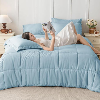 JOLLYVOGUE Queen Comforter Set, Ultra-Soft Bed in a Bag Queen Size 7 Pieces, Oeko-TEX Certified Bedding Set with Down Alternative Comforter, Sheets, Pillowcases & Shams, Lake Blue