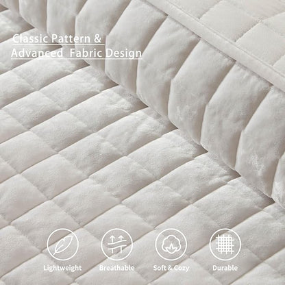 LEAONME Velvet Quilt King Size-98''x106'', Lightweight White Velvet Comforter Set with 2 Pillow Shams, Soft Bedspread Coverlet Quilted Bedding Set for All Season