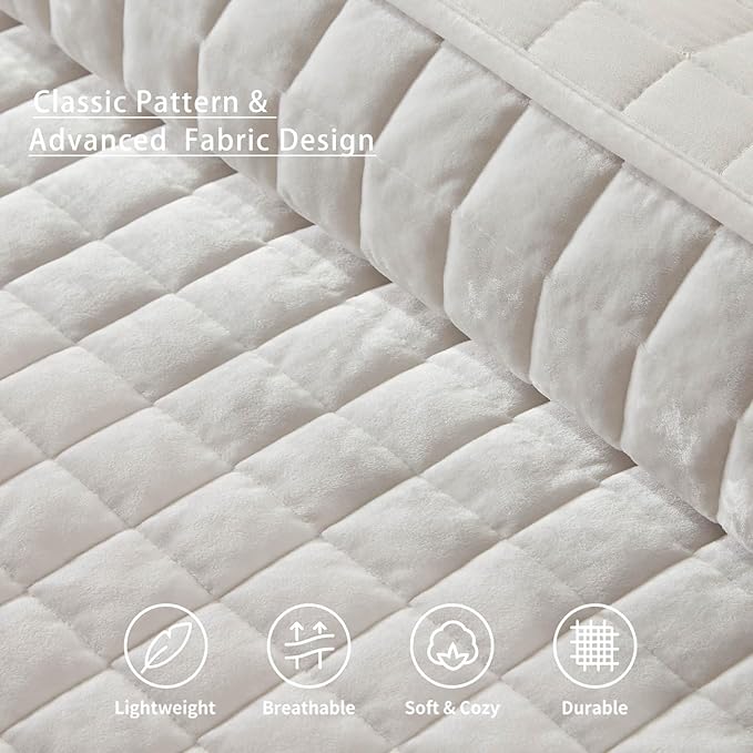 LEAONME Velvet Quilt Oversized California King-120''x120'', Lightweight White Velvet Comforter Set with 2 Pillow Shams, Oversized Bedspread Coverlet Quilted Bedding Set for All Season