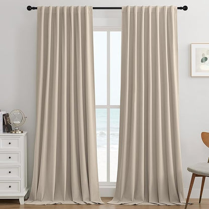 Joydeco Light Beige 100% Blackout Curtains 120 Inch 2 Panels, Luxury Thermal Light Beige Velvet Curtains for Bedroom Living Room, Soundproof Blackout Window Drapes, Rod Pocket & Back Tab (52W x 120L)