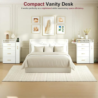 Small Vanity Desk,Compact Vanity Set with Power Outlet,3 in 1 Makeup Vanity with Lights with 3 Modes Lighting,Plip Mirror,Sliding Cabinet,Storage Stool,Dressing Table,White Vanity PT01DTM