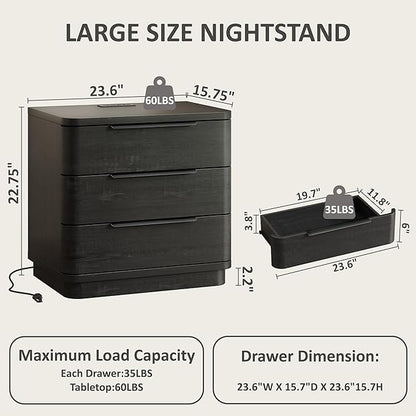 Black Nightstands Set of 2, Bedside Table with 3 Storage Drawers, 24" Tall Wood Night Stand with Charging Station, Modern Wide End Table Side Table W/Metal Handle Curved Profile for Bedroom