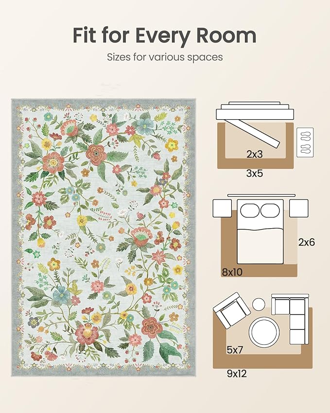 Amada 6x9 Area Rugs, Non-Slip & Low-Profile Living Room Rug with Reinforced Edge Binding, Soft Large Washable Boho Floral Rugs for Living Room, Bedroom, Dining Room