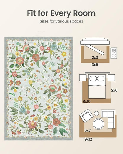 Amada 6x9 Area Rugs, Non-Slip & Low-Profile Living Room Rug with Reinforced Edge Binding, Soft Large Washable Boho Floral Rugs for Living Room, Bedroom, Dining Room