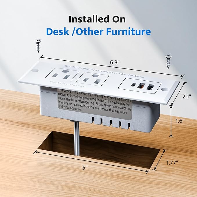 DOACE Recessed Power Strip with 18W USB C Fast Charging Conference Recessed Outlet,Space-Saver for Furniture Side Table,2 AC Outlets,3 USB Ports,6ft Cord, 45° Thin Flat Plug, White