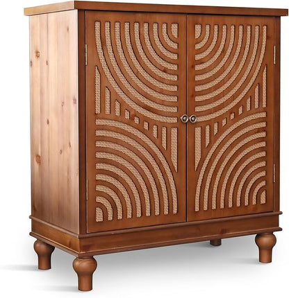 PHI VILLA Accent Cabinet with Door, Small Buffet Sideboard Cabinet with Rattan Door, 2 Door Storage Cabinets