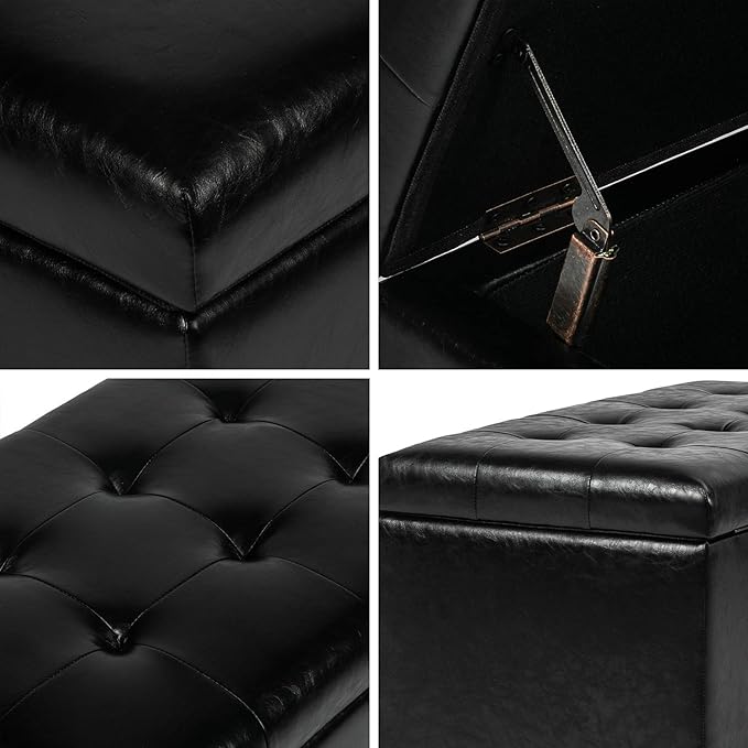 Asense Storage Ottoman Bench, Faux Leather Upholstered End of Bed Bench with Safety Hinge Wooden Legs, for Entryway Bedroom (Black, 33.3")