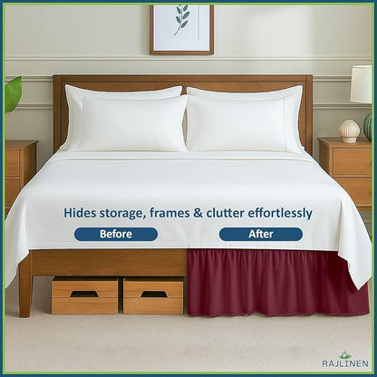 Rajlinen Ruffled Bed Skirt Twin XL, 18 Inch Drop Dust Ruffle with Split Corners, 100% Microfiber Bedskirt with Platform, Three-Sided Coverage Ruffled Gathering Design, Burgundy
