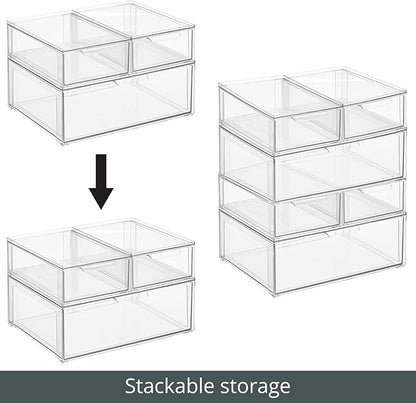 mDesign Plastic Stackable Bathroom Storage Organizer Bin Containers with Front Pull Drawer for Bathroom Countertop, Vanity, Closet Shelves - Holder for Accessories, Lumiere Collection, Set of 3, Clear