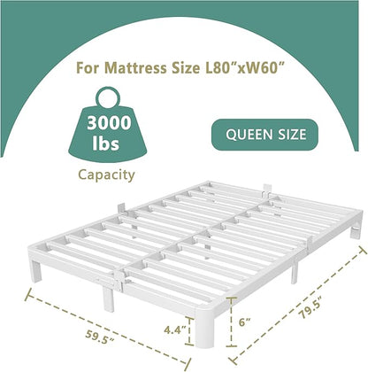 ITIMIDI 6 Inch White Queen Bed Frame with Metal Gaskets,Metal White Queen Platform Bed Frames, No Box Spring Needed, Heavy Duty Steel Support 3000 LBS, Anti-Slip Mattress Stopper, Easy Assembly