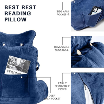 SLIGUY Reading Pillow-Bed Rest Pillow with Detachable Neck Roll & Higher Support Arm for Sitting in Bed Couch or Floor-Backrest Reading Pillow Adult Back Pillow for Reading/Watching TV/Gaming,Blue