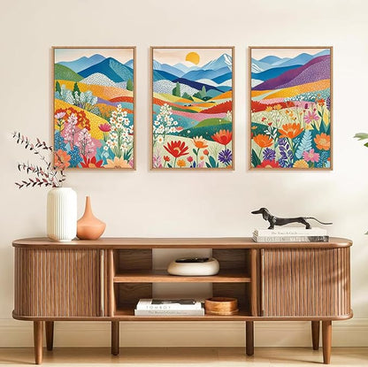 LHIUEM Large Abstract Mountain Flower Framed Canvas Wall Art,Colorful Watercolor Boho Wall Decor,Nature Floral Tree Wall Painting,Bohemian Artwork for Living Room,Bedroom,Dining Room,Office -16"x24"x3