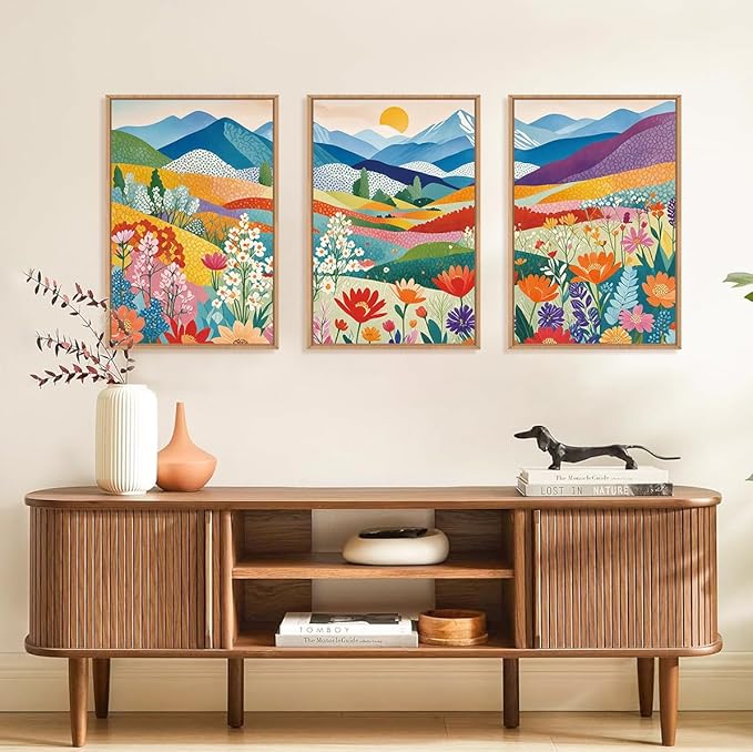 LHIUEM Large Abstract Mountain Flower Framed Canvas Wall Art,Colorful Watercolor Boho Wall Decor,Nature Floral Tree Wall Painting,Bohemian Artwork for Living Room,Bedroom,Dining Room,Office -24"x36"x3