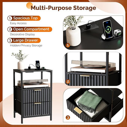 VINGLI Black Nightstand with Charging Station, Fluted Night Stand with Drawers Fabric, Bed Side Table/Night Stand with Charging Station for Bedroom, Dorm, 14.96" W*11.81" D*23.78" H