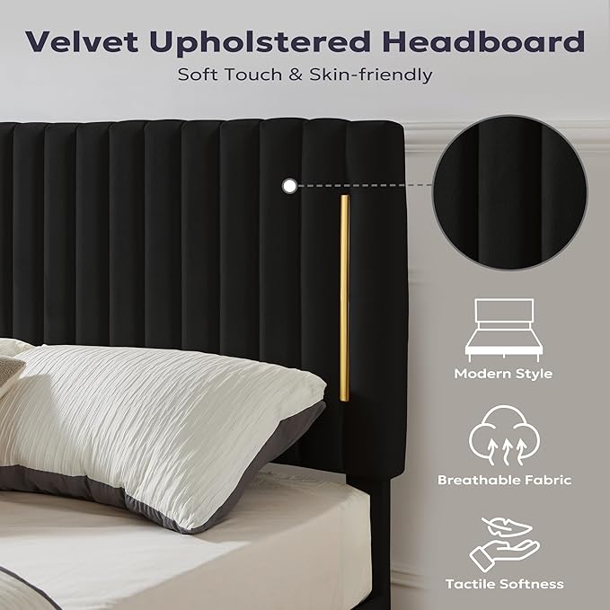 King Platform Bed Frame, Velvet Upholstered Bedframe with Vertical Channel Adjustable Headboard, Golden Plating Trim, Mattress Foundation with Wooden Slats, No Box Spring Needed, Black