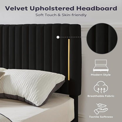 Twin Platform Bed Frame, Velvet Upholstered Bedframe with Vertical Channel Adjustable Headboard, Golden Plating Trim, Mattress Foundation with Wooden Slats, No Box Spring Needed, Black