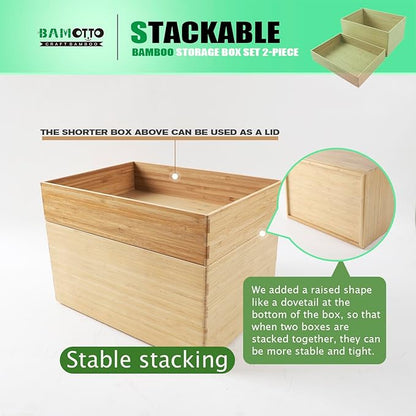 2-Piece Large Bamboo Storage Box Set, 7.1 in High Stackable Deep-Drawer Organizer for Kitchen Cutlery, Utensils & Knives, Lidless Wooden Bin for Homes & Offices (14.6"x10.2"x7.1"+14.6"x10.2"x3.1")