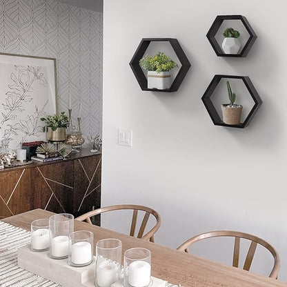 AHDECOR Wall Mounted Hexagon Floating Shelves, Wooden Wall Organizer Hanging Shelf for Home Decor, Set of 3, Black