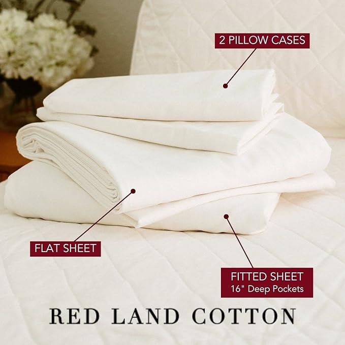 Red Land Cotton Luxury Sheet Set | 100% American Grown Cotton Basics | Premium Hotel Ultra-Soft Lightweight 4 Piece USA Made Deep Pocket Fitted, Flat Sheet, & Pillowcases Percale Weave (Full/Natural)