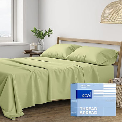 THREAD SPREAD 100% Cotton Queen Sheets Set - 400 Thread Count Queen Size Sheets (4 PC, Herb Green), 16" Deep Pocket All Around Elastic, Soft, Cooling, Durable & Breathable Sateen Weave Bed Sheet Set