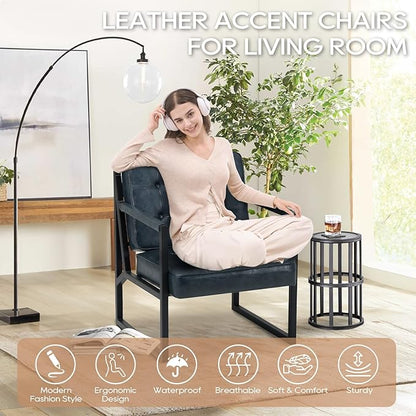 COLAMY Modern Accent Chair, Accent Arm Chair for Living Room, Comfy Leather Armchair with Metal Legs for Bedroom Reception Waiting Room, Blue