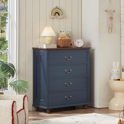 Farmhouse 4 Drawer Dresser Set of 2 for Bedroom, 37" Tall Rustic Chests of Drawers w/ 4 Solid Wood Feet, Mid Century Vintage Wooden Closet Storage Dressers Organizer for Living Room, Navy Blue