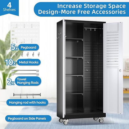 Garage Storage Cabinet with Wheels, Broom Closet Storage Cabinet with Pegboards and Adjustable Shelves, Metal Tool Cabinet with Lockable Door for Garage Home, Black and White