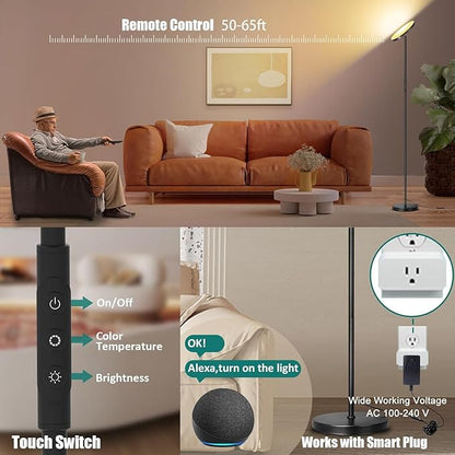 Floor Lamp, Upgraded 40W 4000LM Super Bright Torchiere LED Floor Lamps for Living Room, Stepless Dimmable Color Temperature 2700K-6500K with Remote & Touch Control, Standing Light for Bedroom Office