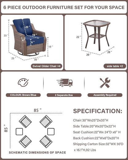 Belord 6-inch Thick Cushion Patio Furniture Set - Outdoor Swivel Rocker Glider Chairs Set of 4 with Glass Top Side Table, All-Weather Wicker Patio Conversation Set for Deck Balcony Sunroom