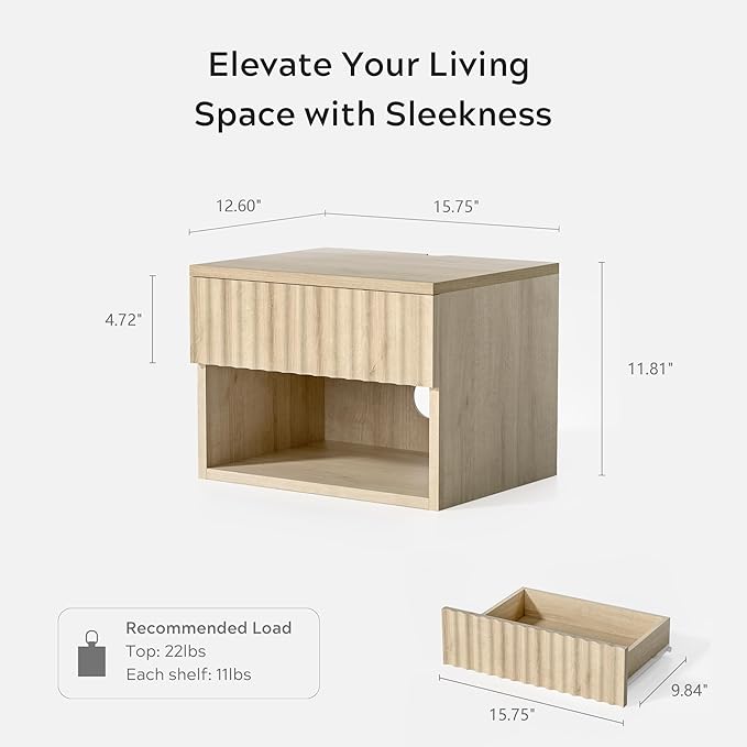 Small Floating Nightstand with Drawer, Modern Night Stand with Fluted Door and Open Storage Shelf Wall Mounted Bedside Table for Bedroom, Entryway Light Oak