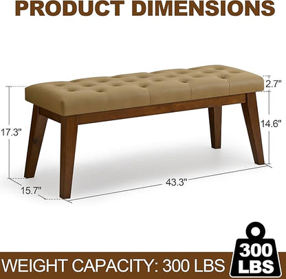 43.5'' Faux Leather Bedroom Bench, Upholstered End of Bed Bench with Tufted Button, Padded Vintage Dining Bench, Entryway Bench with Solid Wood Legs, Kitchen, Living Room, Hallway, Light Brown Tufted