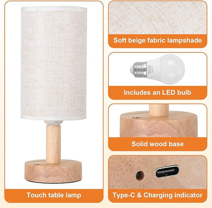 Rechargeable Cordless Table Lamp,Touch Control&Stepless Dimming,Wireless Bedside Ambient Night Light with Wood Base&Linen Shade,Portable Battery Lamp for Bedroom,Nightstand,Nursery,Camping,Outdoor