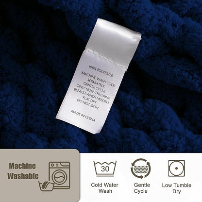 Chunky Knit Throw Blanket 50"X 60", 100% Handmade with Soft Chenille Yarn, 4.4lbs Thick Cable Knitted Blankets, Large Rope Knot Crochet Throws for Couch Sofa Bed Home Decor, Navy Blue