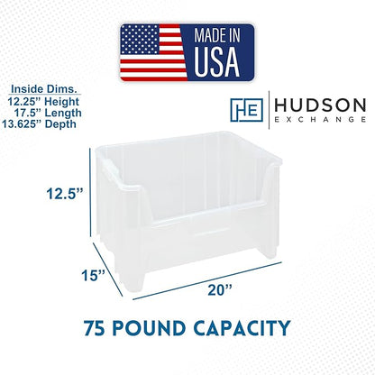 Hudson Exchange 20" x 15" x 12.5" (1 Pack) Plastic Giant Stackable Hopper Bin Container, Clear