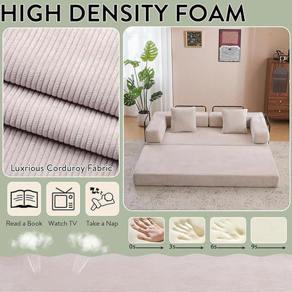4-in-1 Convertible Folding Sleeper Sofa Bed, Fold Out Floor Sofa Couch with Fixed-Shape Frame, Cloud Corduroy Foldable Mattress Couch for Living Room Bedroom (78.5" Corduroy,Light Grey)