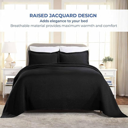 Superior 100% Cotton Basket Weave Bedspread with Shams, All-Season Premium Cotton Matelasse Jacquard Bedding, Quilted-Look Geometric Basket, Twin, Black