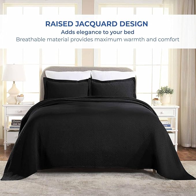 Superior 100% Cotton Basket Weave Bedspread with Shams, All-Season Premium Cotton Matelasse Jacquard Bedding, Quilted-Look Geometric Basket, Queen, Black