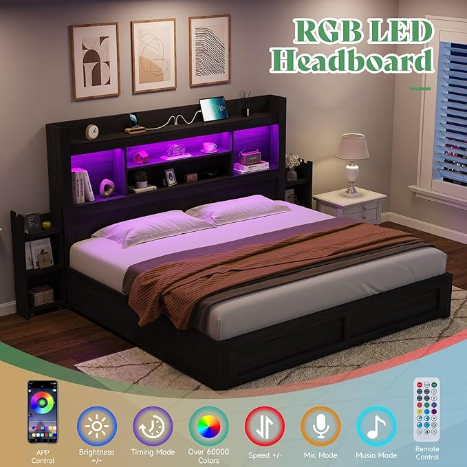 AMERLIFE King Size Bed Frame with 4 Storage Drawers, LED Bed Frame with 49.6" Tall Bookcase Headboard, Wood Platform Bed with Charging Station & 2 Slide Bedside Shelf, No Box Spring Needed/Black