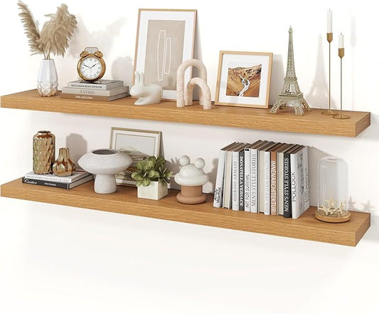 Floating Shelves for Wall, 9.3" Deep Wall Mounted Wood Shelves for Bathroom, Bedroom, Living Room, Kitchen, Hanging Shelf for Books/Storage/Room Decor (Oak, 55")