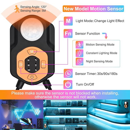 Motion Sensor LED Light Strip Indoor 9.84ft/3M, Under Bed Lights RGB Color Changing | Music Sync | App & Remote Control | USB 5V Dimmable | Night Lights for Bedroom, Stair, Cabinet Decor Decor