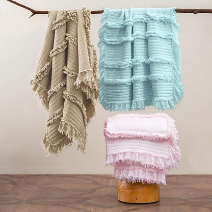 Ultra Soft Pre-Washed Quilted Boho Pink King Size Blankets for Bed, Ruffle Fringed Decorative Throw, Stone Washed Chic Rustic Blanket for Sofa Couch Bed, 104"*90"