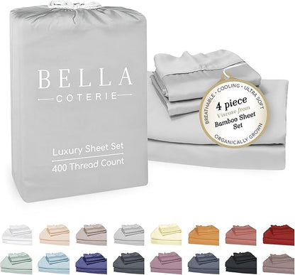 Bella Coterie Luxury Bamboo Viscose Full Size Sheet Set | 100% Organically Grown | Ultra Soft | Cooling for Hot Sleepers | 18" Deep Pocket [Grey Mist]
